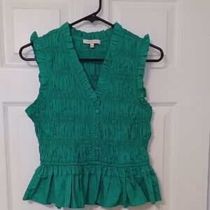 Skies Are Blue Sz S, Emerald Green Smocked Ruffle Blouse, Elastisized Bodice